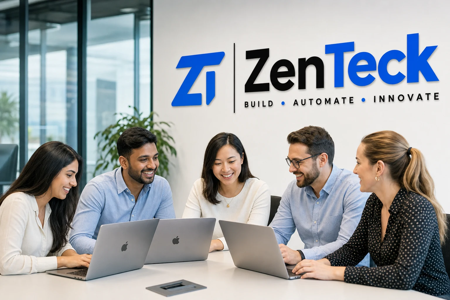 ZenTeck software professionals collaborating around Apple laptops in a branded office